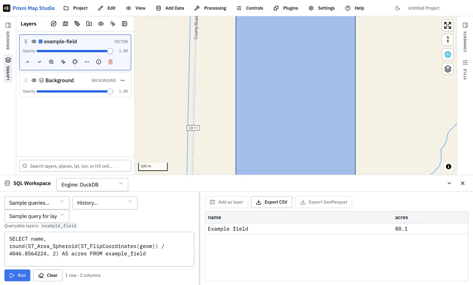 The SQL Workspace with the acres query and a result table reading Example field, 80.1 acres