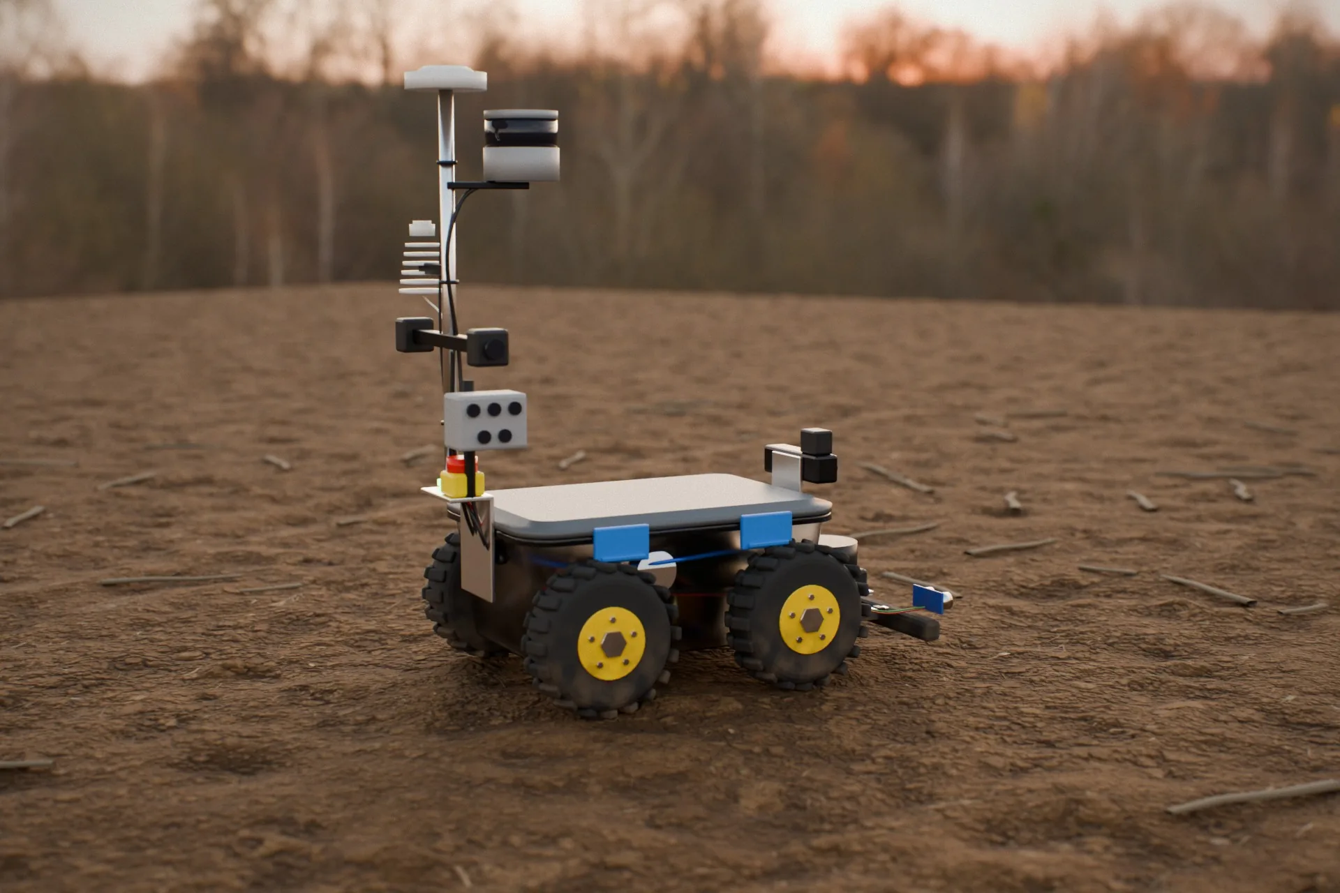 Prism Rover standing on bare field soil, sensor mast up