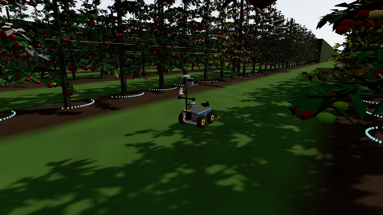 Orbit view of the Rover between rows of apple trees