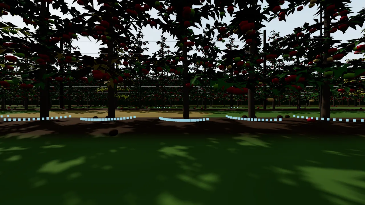 Row camera view along a trellis of apple trees