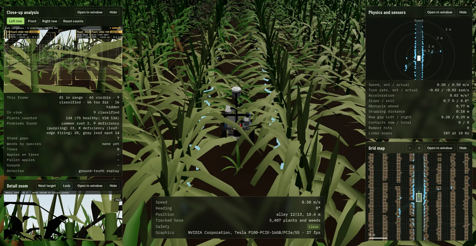Prism Sim driving the Rover through corn with the analysis, detail zoom, lidar and grid map windows open