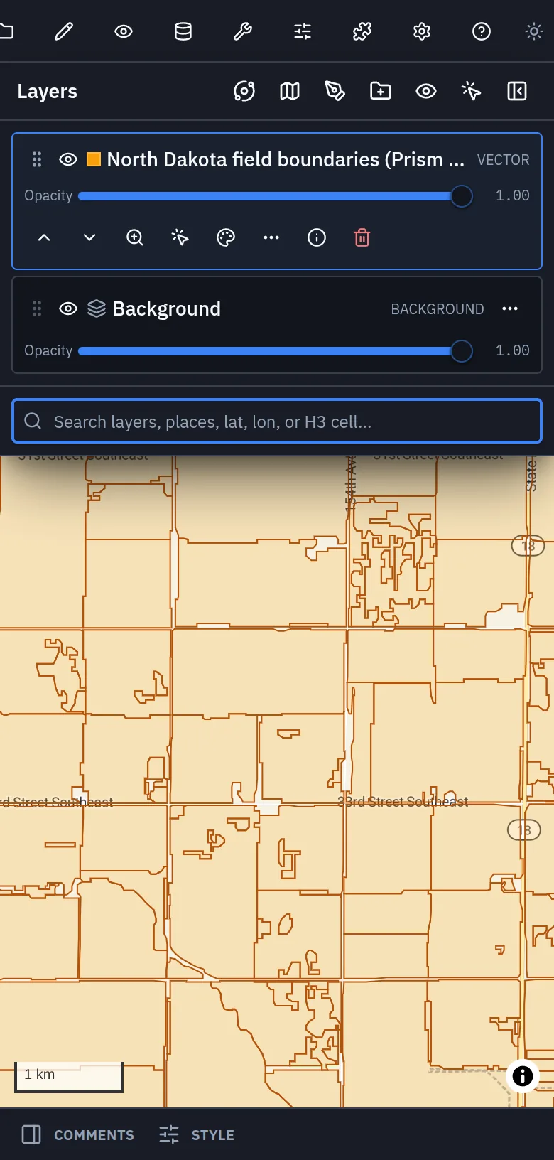 Prism Map Studio on a phone, with North Dakota field boundaries